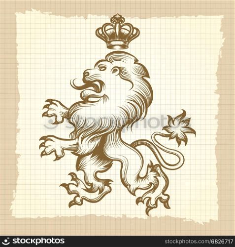 Vintage poster with engraving lion design. Hand drawn royal lion on vintage background. Vector vintage poster with engraving lion design