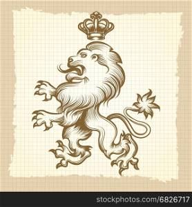 Vintage poster with engraving lion design. Hand drawn royal lion on vintage background. Vector vintage poster with engraving lion design