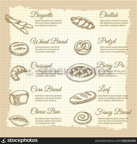 Vintage poster with popular bakery products. Vintage poster with hand drawn popular bakery products. Vector illustration