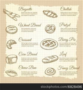 Vintage poster with popular bakery products. Vintage poster with hand drawn popular bakery products. Vector illustration
