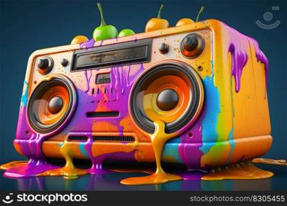 vintage radio boombox and fruits, colorful style. Neural network AI generated art. vintage radio boombox and fruits, colorful style. Neural network AI generated