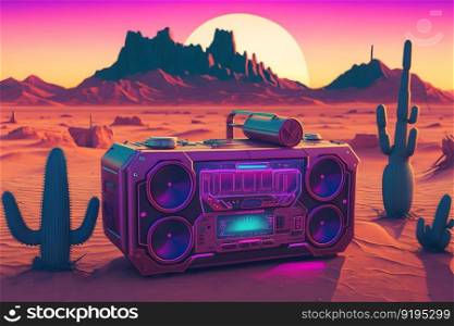 Vintage radio boombox in the desert, retrowave, synthwave. Neural network AI generated art. Vintage radio boombox in the desert, retrowave, synthwave. Neural network AI generated
