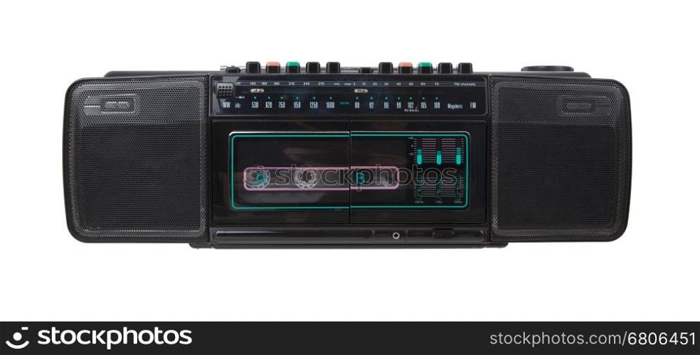 Vintage radio cassette recorder, isolated on white