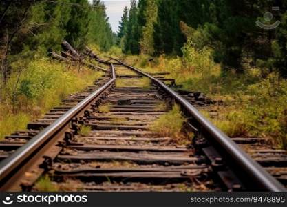 Vintage railroad route and old rails in the woods. Generative AI