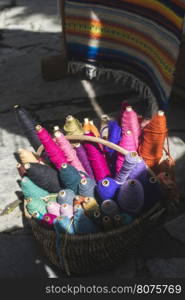 Vintage reels colorful yarn in basked