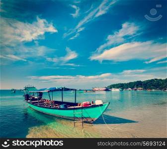 Vintage retro effect filtered hipster style image of Boats in Sihanoukville, Cambodia