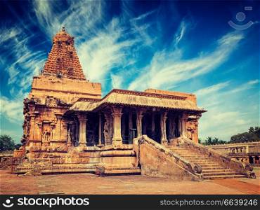 Vintage retro effect filtered hipster style image of famous tourist landmark and piligrimage site of Tamil Nadu -   Brihadishwara  Brihadishwarar  Temple. Tanjore  Thanjavur , Tamil Nadu, India. Brihadishwara Temple, Tanjore