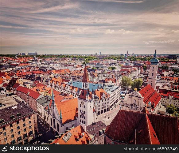 Vintage retro effect filtered hipster style travel image of aerial view of Munich - Marienplatz and Altes Rathaus, Bavaria, Germany