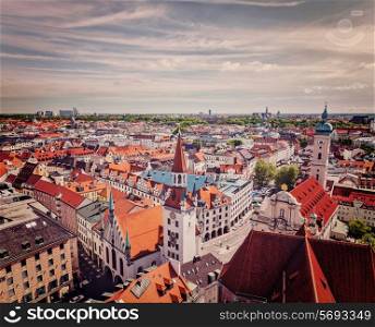 Vintage retro effect filtered hipster style travel image of aerial view of Munich - Marienplatz and Altes Rathaus, Bavaria, Germany