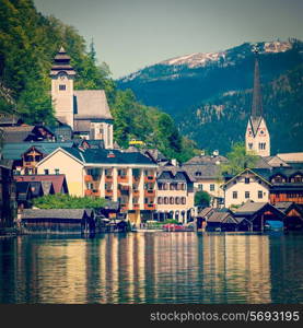 Vintage retro effect filtered hipster style travel image of Austrian tourist destination Hallstatt village on Hallstatter See in Austrian alps. Salzkammergut region, Austria