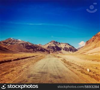 Vintage retro effect filtered hipster style travel image of Manali-Leh road to Ladakh in Indian Himalayas near Sarchu. Ladakh, India