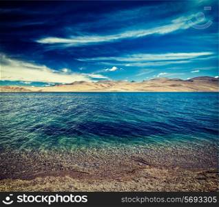 Vintage retro effect filtered hipster style travel image of Tso Moriri lake in Himalayas, Ladakh, India