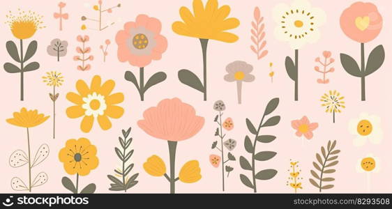 Vintage retro floral clipart collection, colored cartoonish design, minimalist backdrop, light pink and yellow, whimsical flower motifs by generative AI