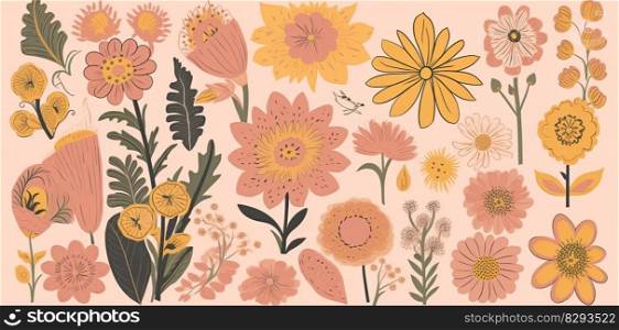 Vintage retro floral clipart collection, colored cartoonish design, minimalist backdrop, light pink and yellow, whimsical flower motifs by generative AI
