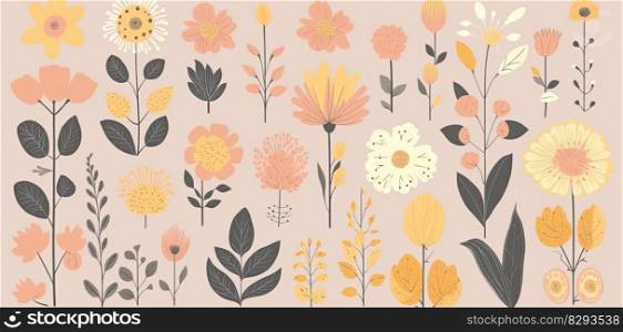 Vintage retro floral clipart collection, colored cartoonish design, minimalist backdrop, light pink and yellow, whimsical flower motifs by generative AI