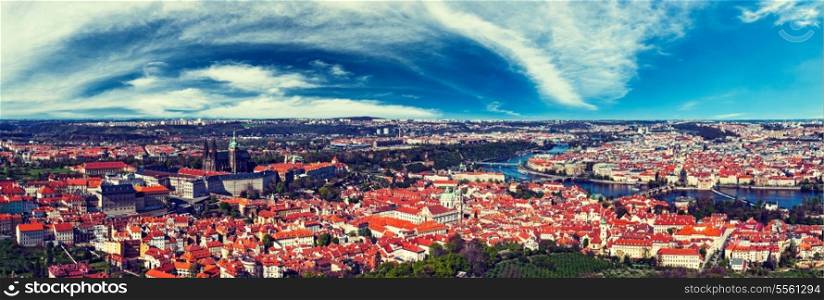 Vintage retro hipster style travel image of aerial panorama of Hradchany: the Saint Vitus (St. Vitt&#39;s) Cathedral and Prague Castle. Prague, Czech Republic