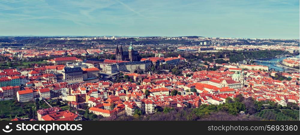 Vintage retro hipster style travel image of aerial panorama of Hradchany the Saint Vitus St. Vitt&#39;s Cathedral and Prague Castle. Prague, Czech Republic