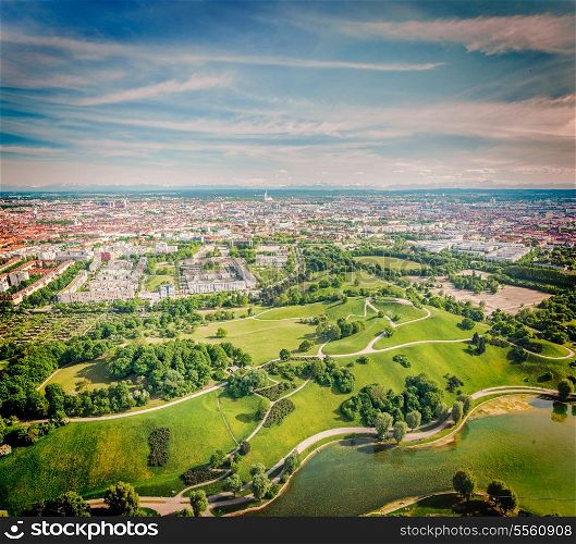 Vintage retro hipster style travel image of aerial view of Olympiapark and Munich from Olympiaturm (Olympic Tower). Munich, Bavaria, Germany