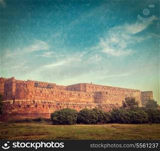 Vintage retro hipster style travel image of Agra Fort with grunge texture overlaid. Agra, Uttar Pradesh, India