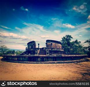 Vintage retro hipster style travel image of ancient Vatadage (Buddhist stupa) in Pollonnaruwa, Sri Lanka