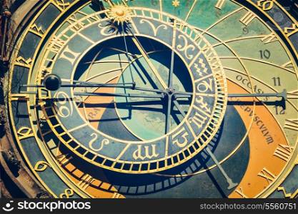 Vintage retro hipster style travel image of astronomical clock on Town Hall. Prague, Czech Republic