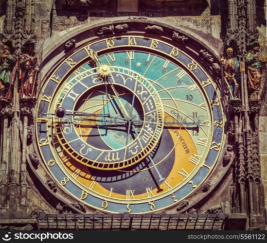 Vintage retro hipster style travel image of astronomical clock on Town Hall. Prague, Czech Republic