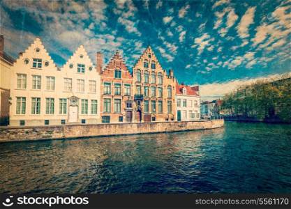 Vintage retro hipster style travel image of Bruges canals. Brugge, Belgium with grunge texture overlaid