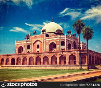Vintage retro hipster style travel image of Humayun&rsquo;s Tomb with overlaid grunge texture. Delhi, India