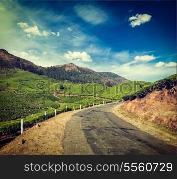 Vintage retro hipster style travel image of Kerala India travel background - road in green tea plantations in mountains in Munnar, Kerala, India