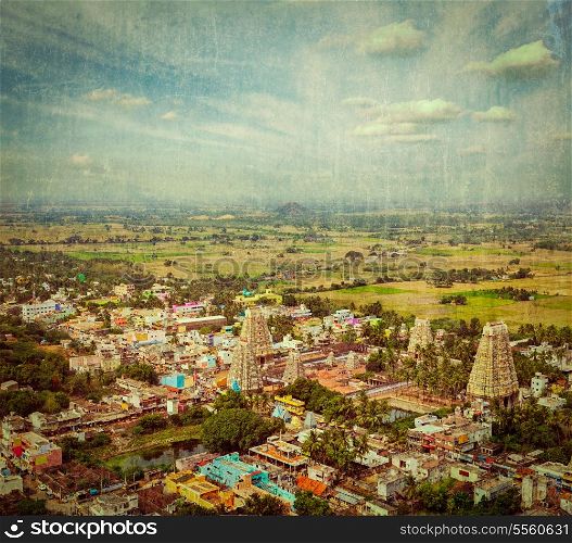 Vintage retro hipster style travel image of Lord Bhakthavatsaleswarar Temple with grunge texture overlaid, Thirukalukundram (Thirukkazhukundram), near Chengalpet. Tamil Nadu, India