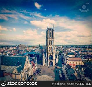 Vintage retro hipster style travel image of Saint Bavo Cathedral (Sint-Baafskathedraal) and Sint-Baafsplein, view from Belfry. Ghent, Belgium