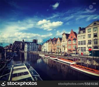 Vintage retro hipster style travel image of travel Belgium medieval european city town background with canal. Koperlei street, Ghent, Belgium
