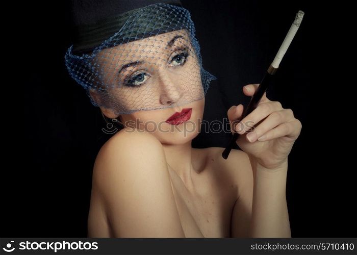vintage Retro portrait of beautiful young caucasian woman in veil with cigarette closeup&#xA;