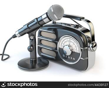 Vintage retro radio receiver and microphone isolated on white. 3d illustration