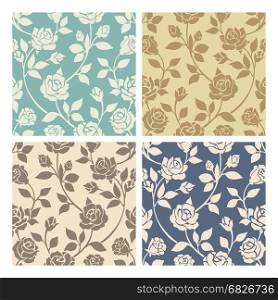 Vintage rose flowers seamless patterns set. Vintage floral patterns. Vector rose flowers seamless patterns set for fabric or baroque wallpaper with roses