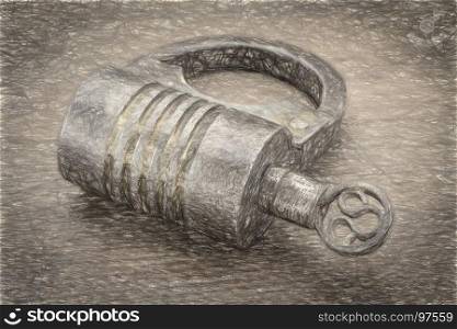 Vintage round shape hand crafted screw type iron padlock with a key on rustic wood, digital charcoal painting effect