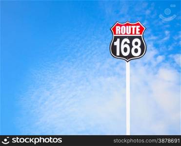 vintage route 168 road sign and blue sky