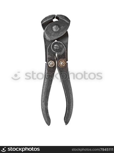 vintage rusty cutting pliers over white, clipping path