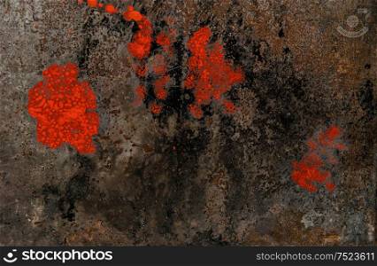 Vintage rusty metal texture with red stains. Halloween background