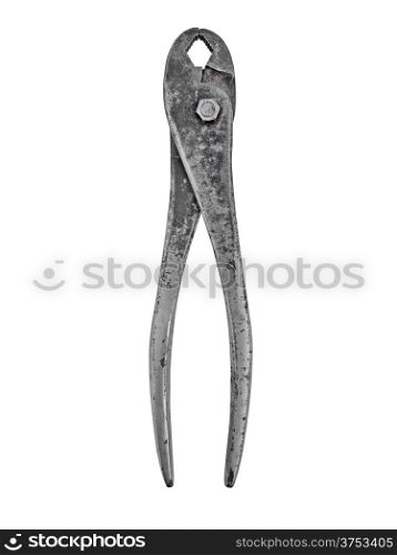 vintage rusty slip joint adjustable pliers wrench over white, clipping path