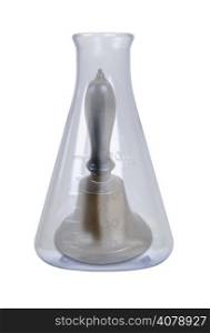 Vintage School Bell in a Glass beaker with measurement lines for laboratory experiments - path included
