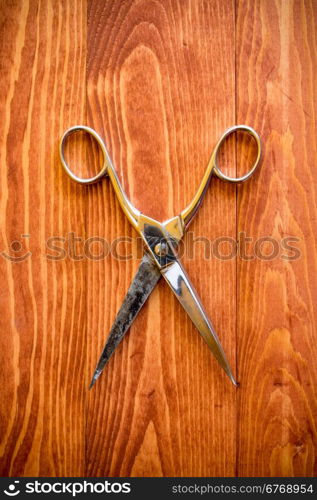 Vintage scissors on a wooden work table
