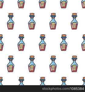 Vintage seamless pattern with red poison bottle for wallpaper design, fabric, wrapping paper. Halloween party. Hand drawn vector doodle chemistry.. Vintage seamless pattern with red poison
