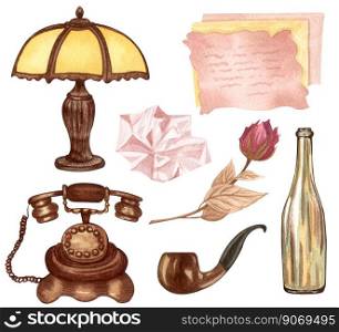 Vintage set isolated on white. Hand Drawn watercolor illustration of dried rose, desk lemp, love letter, old phone, pipe. Antique objects on white background.. Vintage set isolated on white. Hand Drawn watercolor illustration of dried rose, desk lemp, love letter, old phone, pipe. Antique objects on white.