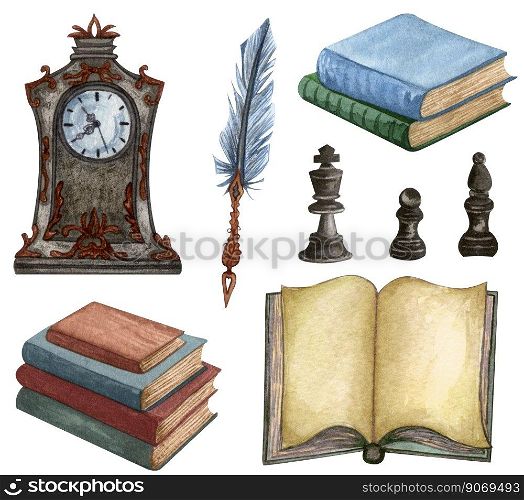 Vintage set isolated on white. Hand Drawn watercolor illustration of ink feather, rare clock, open book, old books. Antique objects on white background.. Vintage set isolated on white. Hand Drawn watercolor illustration of ink feather, rare clock, open book, old books. Antique objects on white