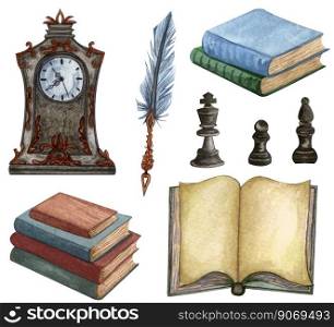 Vintage set isolated on white. Hand Drawn watercolor illustration of ink feather, rare clock, open book, old books. Antique objects on white background.. Vintage set isolated on white. Hand Drawn watercolor illustration of ink feather, rare clock, open book, old books. Antique objects on white