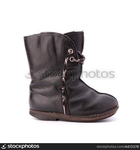 Vintage shabby child&rsquo;s boot isolated on white background cutout