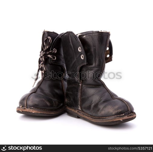 Vintage shabby child&rsquo;s boots isolated on white background cutout