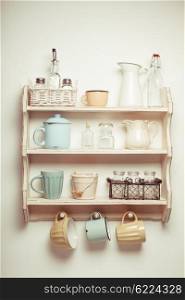 Vintage shelf in the kitchen, shabby chic style, retro toned
