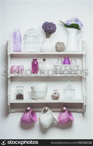 Vintage shelf in the kitchen, shabby chic style with lavender